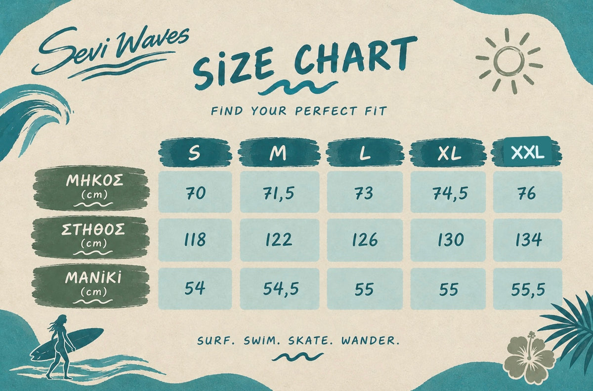 A size chart graphic for 'Sevi Waves' surf apparel, showing measurements in centimeters for S, M, L, XL, and XXL sizes. The design features a cream background with teal and olive green accents, including illustrations of a surfer, waves, and a sun.