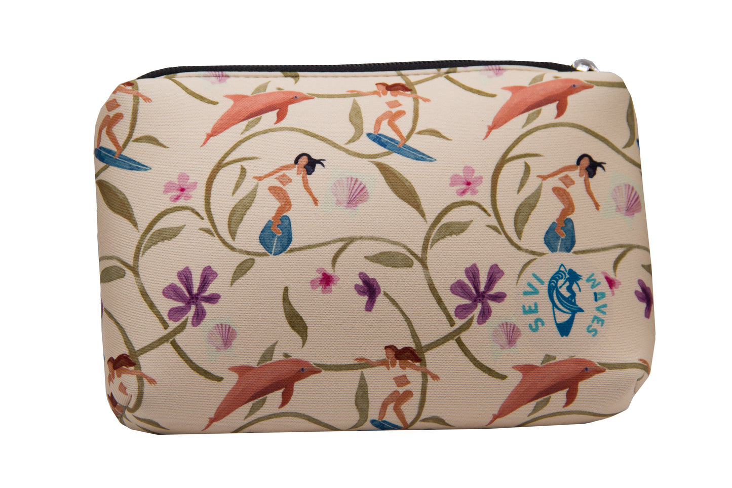 Cosmetic bag with mermaid and dolphin design on a white background
