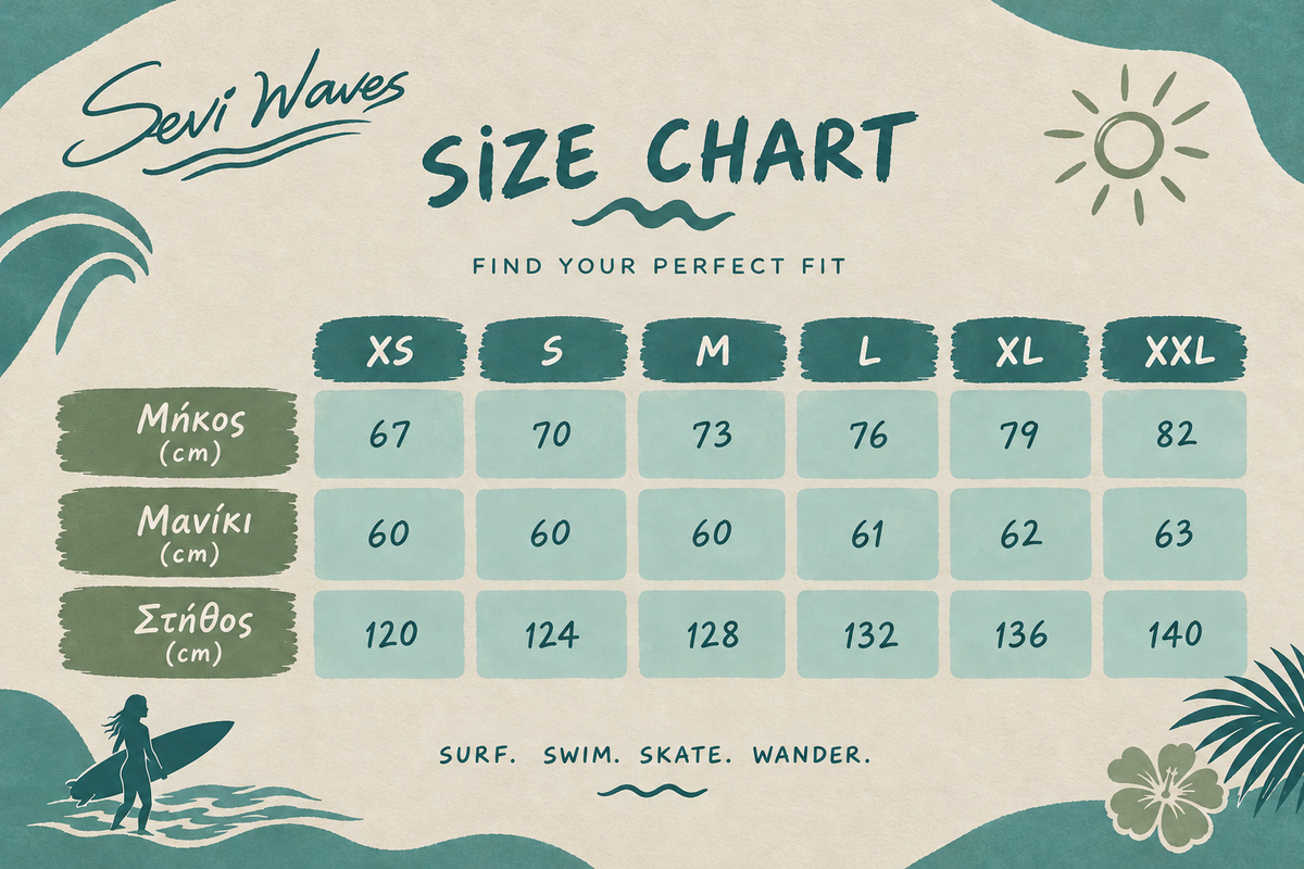 A size chart graphic for 'Seri Waves' clothing, featuring a table with measurements in centimeters for sizes XS through XXL. The chart has a tropical beach theme with illustrations of a surfer, palm leaves, a hibiscus flower, and a sun on a textured cream background.