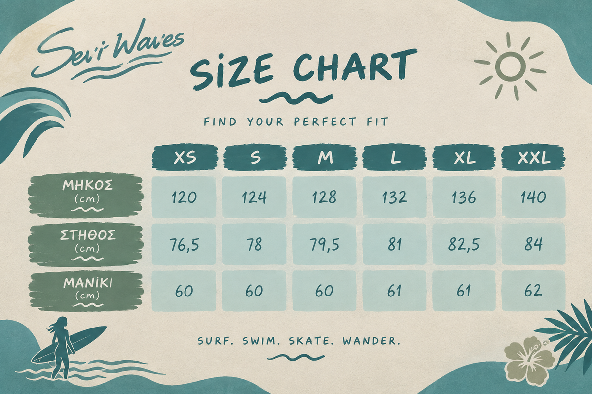 Size chart for Sevi Waves Salt & Palms oversized cotton hoodie, showing fit and measurements for different sizes.